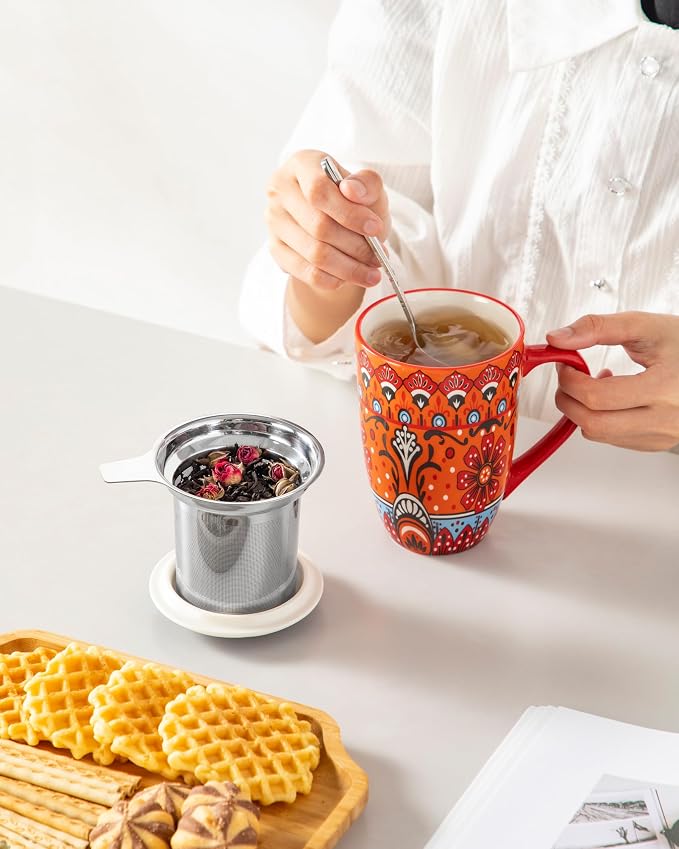 vancasso 18 Oz Tea Infuser Mug with Lid, Crimson Sunburst | Eye-Catching Bohemian Pattern, Adds Charm to Any Tea Corner, Ceramic Mug with Infuser, Microwave and Dishwasher Safe