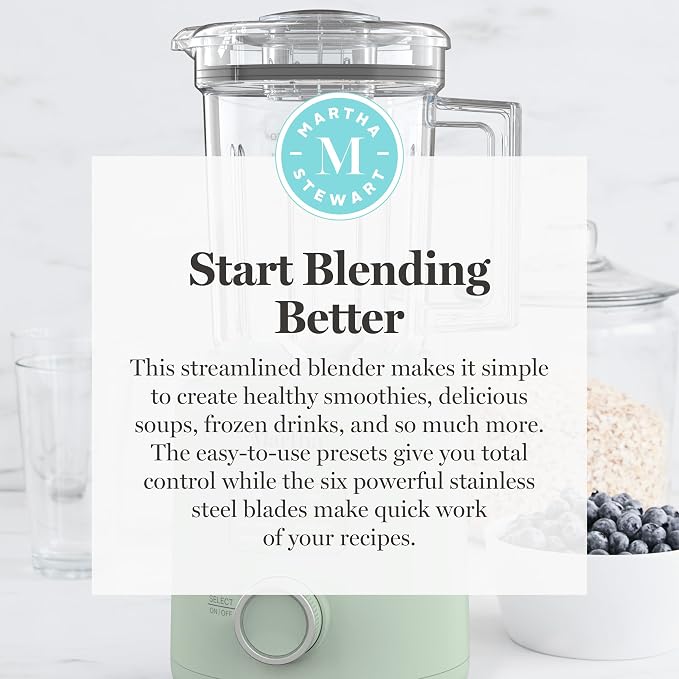 Martha Stewart 50oz Countertop Blender, 3 Speeds, 5 Presets, Honeydew Sage | BPA-Free Pitcher, Smoothies, Margaritas, Milkshakes & Ice Crushing, Stainless Steel Blades, Auto-Clean, Dishwasher-Safe Parts