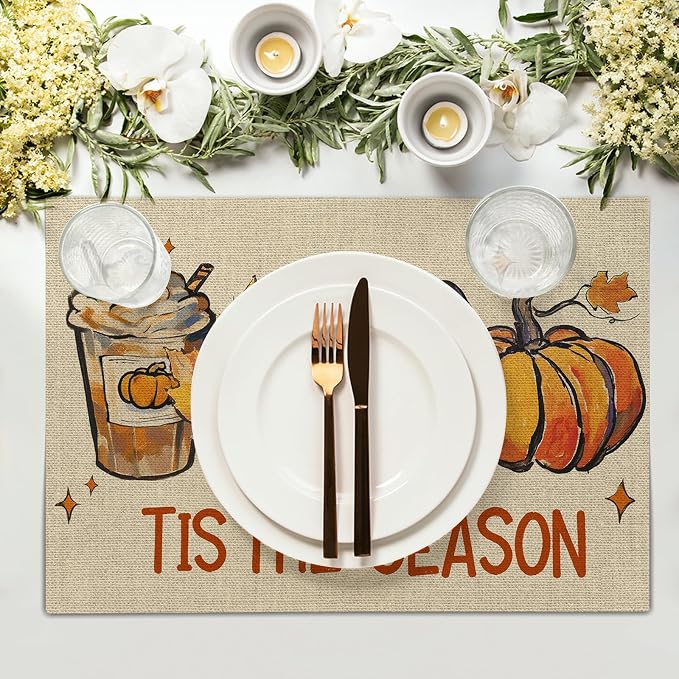 Fall Football Placemats Set of 6 18x12 Inch Autumn Rugby Pumpkins Leaves Linen Place Mats Heat-Resistant Washable Wipeable Tis The Season Table Mat for Party Kitchen Dining Room Dinner Table Decor