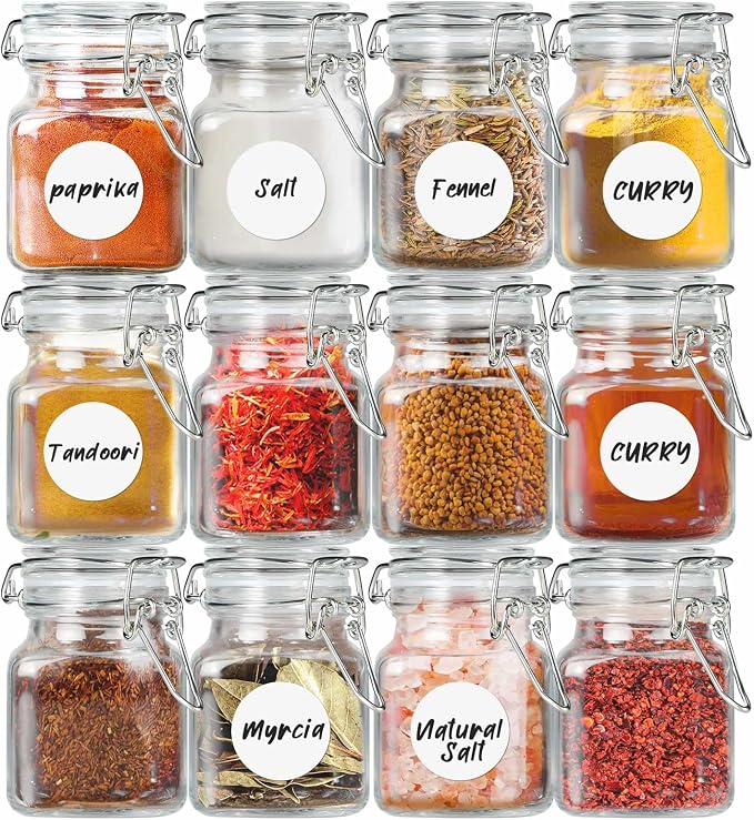 SKOCHE Spice Jars 20 Pack Small 4 oz Glass Jars Spice Jars Herb Jars | Spice Herb Jars with Airtight Hinged Lids, 4oz Glass Jars with Labels and Silicone Funnels Ideal for Spice Herbs
