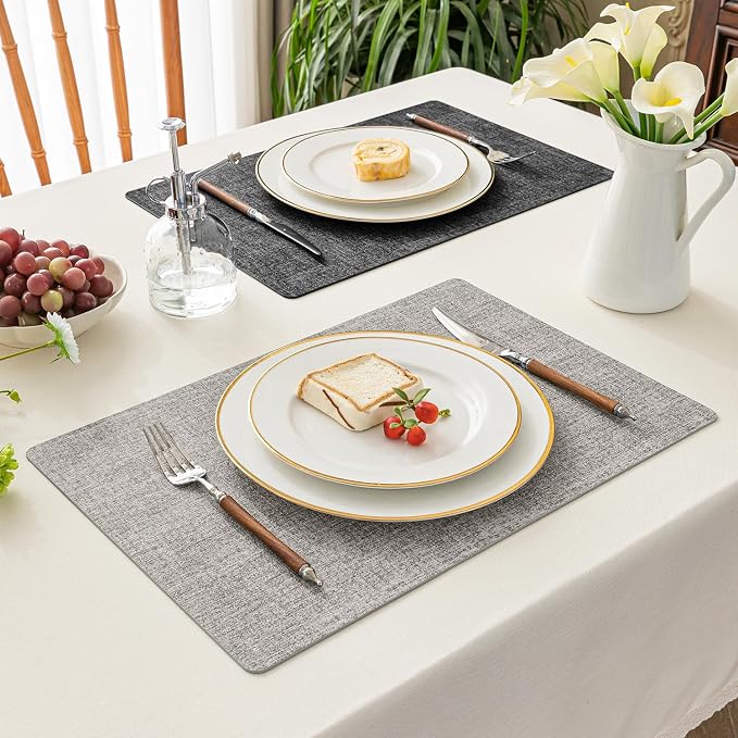 Romanstile Vinyl Placemats Set of 8, Reversible Faux Leather Heat Resistant Wipeable Table Mats, Waterproof Washable Non-Slip Table Placemats for Dining/Kitchen/Outdoor (Grey Light Grey, 12" x 17")