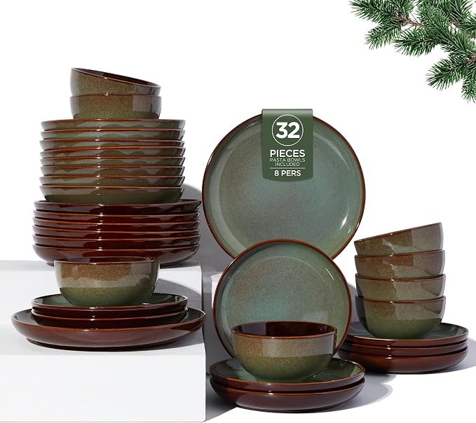 32 Piece Double Bowl Dinnerware Sets with Pasta Bowls, Highly Chip and Crack Resistant Plates and Bowls Sets, Natural Earthyware Ceramic Dishware Sets, Service for 8 Sage Green