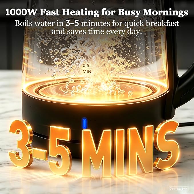 1.8L Glass Electric Kettle for Tea and Coffee | 1000W Rapid Boil Hot Water Kettle, Borosilicate Glass, Auto Shut-Off, BPA Free, Easy Cleaning, Cordless 360°Swivel Base