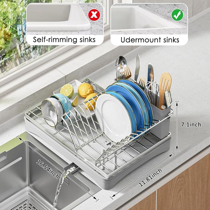 ANTOPY 304 Stainless Steel Dish Drying Rack for Kitchen Counter, Gray | Rustproof Dish Drainer with Removable Cutlery Holder, Self-Draining Drainboard, Compact Kitchen Drying Rack, 16.5''Lx11.8''W