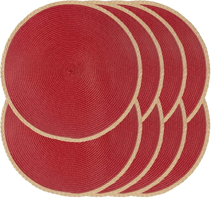 Round Placemats Set of 8, Woven Table Mats, Thin Edge, Red | Braided Paper Edge, 15 Inch Diameter, Fits Dinner Plate and Flatware, Wipeable, Heat Resistant, Indoor Dining, Outdoor Patio