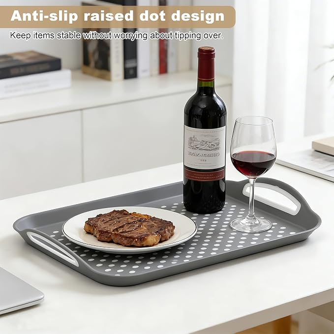 Non-Slip Lap Tray Set of 2, Gray | Dishwasher safe rectangular serving trays with handles. Perfect for couch, bed, desk. Sturdy, easy to clean
