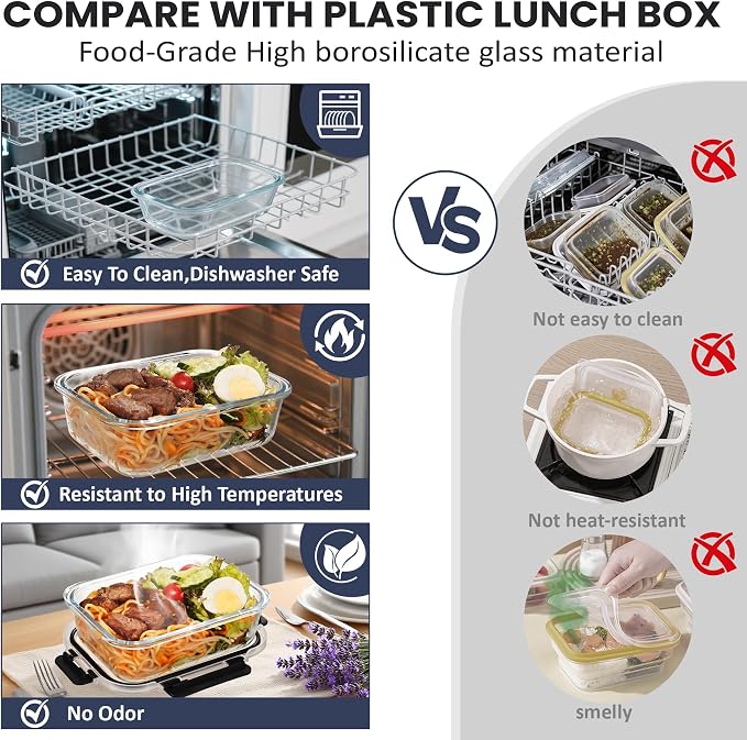 HOTEC 35OZ Glass Food Storage Container, Airtight Glass Lunch Fruit Containers with Lids - Microwave, Oven, Freezer and Dishwasher Safe, 2-PACK