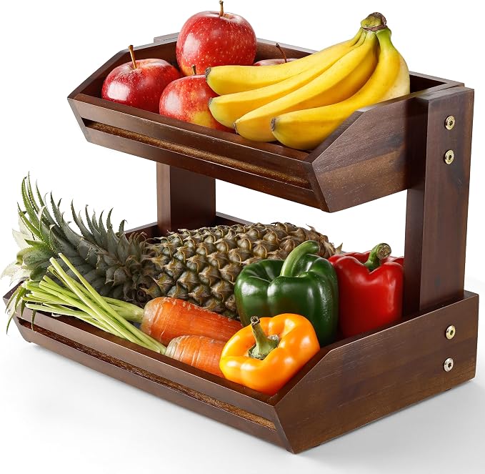 HOLANA Acacia 2 Tier Fruit Basket, Sturdy, Easy Assembly (Walnut color) | Solid Acacia Wood, Non-slip Pads, 20LBS Capacity, Slatted Design, Multi-Purpose Storage for Fruit & Vegetable, Pantry Bin