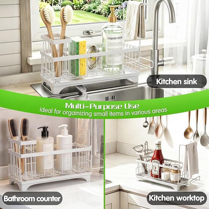 VOOWO Sponge Holder for Kitchen Sink, Compact Sink Caddy with Brush Holder | 304 Rustproof Stainless Steel Dish Soap Holder, Small Kitchen Sink Organizer, Self-Draining Dish Wand Holder with Towel Rack