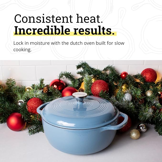 Lodge Essential Enamel Cast Iron Dutch Oven 6 Quarts - Perfect for Bread Baking, Braising, Marinating & Slow Cooking, Features Moisture-Sealing Lid & Dual Handles, Kitchen Essentials, Storm Blue