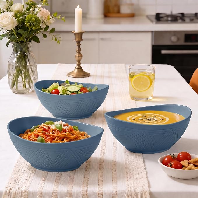 65 OZ Wheta Straw Bowls Set - Unbreakable Large Salad Bowl 4 PCS, Large Capacity Kitchen Bowls Microwave & Dishwasher Safe Serving Bowl for Salad, Popcorn, Chip (Blue)