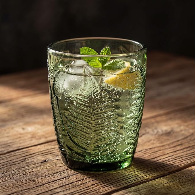 Vintage Green Drinking Glass, 10 oz Hand-Pressed Deep Textured Glass Cup, Fern Embossed Retro Glassware, Decorative Tumbler for Water, Cocktails & Juice, Boho Colored Kitchen Drinkware, Unique Gift
