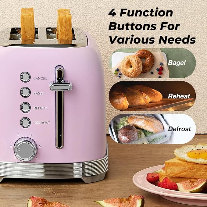 Toaster 2 Slice Retro Stainless Steel, Pastel Pink | 1.5’’ Extra Wide Slots with Bagel, Defrost, Reheat, Cancel Functions, 6 Bread Shade Settings, Removable Crumb Tray