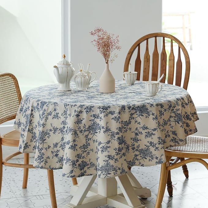 Pastoral Round Tablecloth - 48 Inch Dia. Table Cloth - Washable Table Cover with Dust-Proof Wrinkle Resistant for Restaurant, Picnic, Indoor and Outdoor Dining, Floral (Dark Blue)