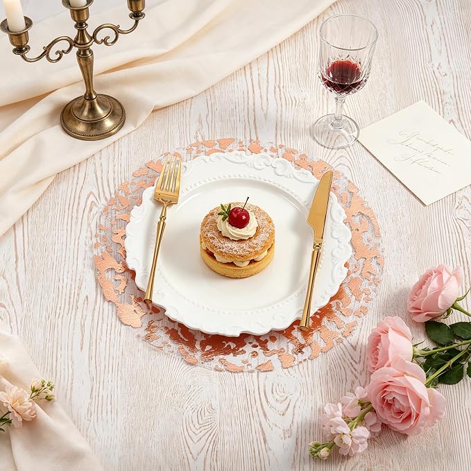120PCS Disposable Gold Placemats Set,13 Inch Rose Gold Foil Table Mat Bulk | Metallic Mesh Pressed Round Charger Doilies for Table, Paper Placemat for Wedding Dining Birthday Party Home Decor(Cloud)