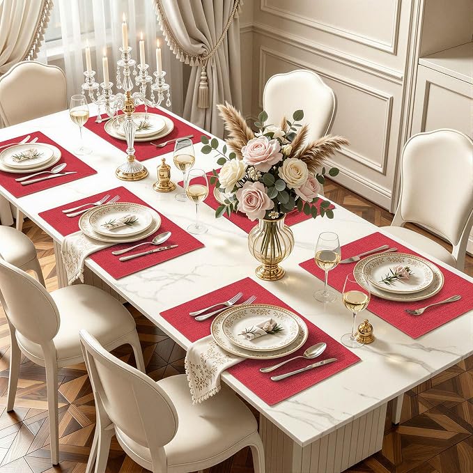 Faux Leather Heat Resistant Placemats 8 Packs, Waterproof Wipeable Dining PU Place Mats for Indoor & Outdoor, Easy to Clean, Red