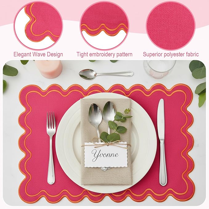Linen Placemats Set of 12 Scalloped Placemat 13 X19 Wavy Embroidery Double Layered Washable Farmhouse Dinner Fabric Table Mat Napkin for Wedding Party Restaurant(Regular,Rose Pink)