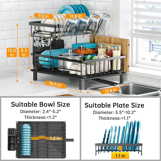 2 Tier Large Detachable Dish Drying Rack for Kitchen Counter,Black | Compact Drying Rack Kitchen, Rust-Resistant Dish Drainer Organizer, Space-Saving Dish Racks with Drainboard, Utensil Holder