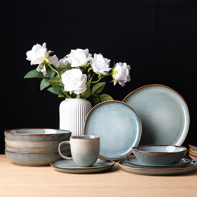 AmorArc 8.5’’ Ceramic Pasta Bowls Set of 4, 36oz Large Stoneware Bowls Set | Large Dinner Serving Bowls Set, Wide Bowl Plate for Pasta,Salad, Soup, Microwave Safe, Reactive Glaze-Ocean Blue