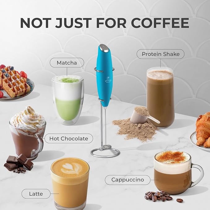 Zulay Kitchen Powerful Milk Frother Wand With Duracell Batteries - Ultra Fast Handheld Drink Mixer - Electric Whisk Foam Maker for Coffee, Lattes, Cappuccino & Matcha - Z1 Motor - Blue Teal