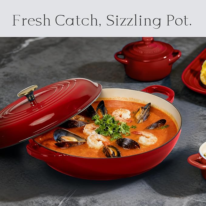 CAROTE 3.4QT Enameled Cast Iron Braiser Pan, Shallow Dutch Oven Casserole Skillets, Non-Toxic Cast Iron Pot with Lid for Grilling, Searing, Baking, Dual Handles, All Stovetop Compatible, Red