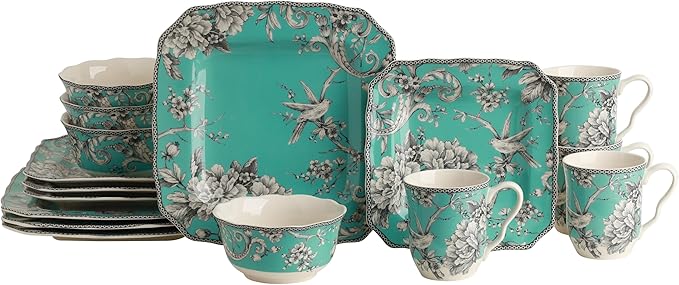 222 Fifth Adelaide Turquoise 16-Piece Porcelain Dinnerware Set | Microwave and Dishwasher Safe Dining Set for 4 | Stackable and Chip-Resistant Plates Bowls and Cups | Gift for Housewarming & Wedding