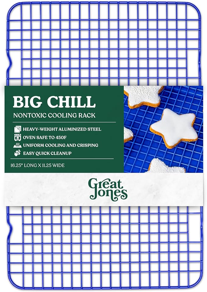 Great Jones Non Stick Wire Cooling Rack (Blueberry) – Fits Half Sheet | 16.9" × 11.4" Non Toxic Baking Rack, Heavy-Weight Aluminized Steel, Oven Safe 450 °F, Bacon & Cookie Cooling Rack