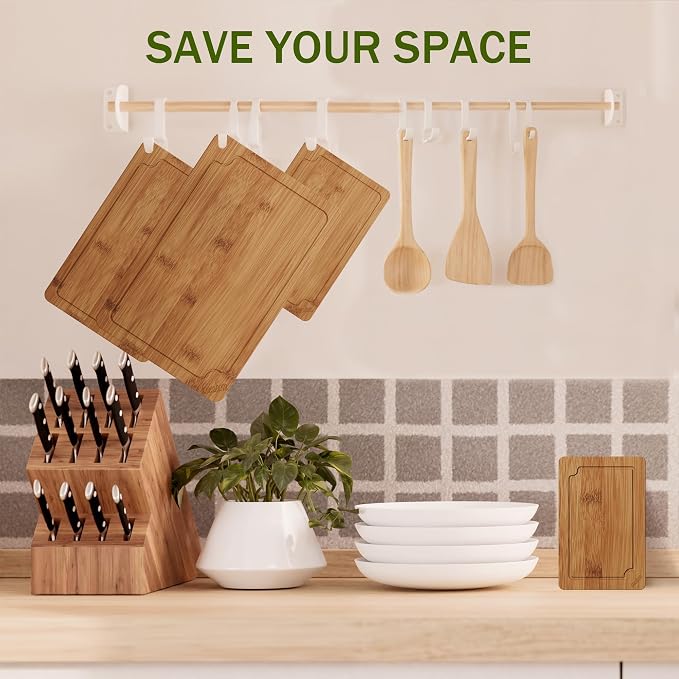 4-Piece Bamboo Cutting Board Set Serving Tray Juice GroovesHandles | Ideal for Meat Vegetables Fruit,Easy Storage & Quick Clean,Natural Wood Construction,Dual-Purpose as Serving Tray