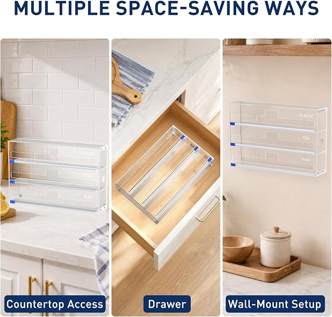 3 In 1 Acrylic Aluminum Foil, Plastic Wrap Organizer with Cutter | Clear Kitchen Storage for Wax Paper Dispenser Holder, For Drawer or Wall Mount, Fits 12 Inch Roll