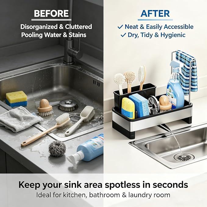 Stainless Steel Sink Caddy Sponge Holder for Kitchen Sink 9.8″ | with Auto-Drain, with Removable Brush Holder & Towel Rack, Rustproof Sink Organizer for Countertop, Kitchen Accessories