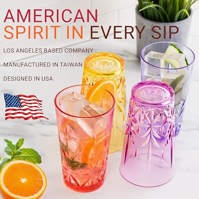 Bravario Royal Plastic Drinking Tumbler, Premium Quality Water Glasses, Dishwasher-Safe BPA-Free Durable Mixed Colors Assorted Stackable Cups, 18 oz Set of 6