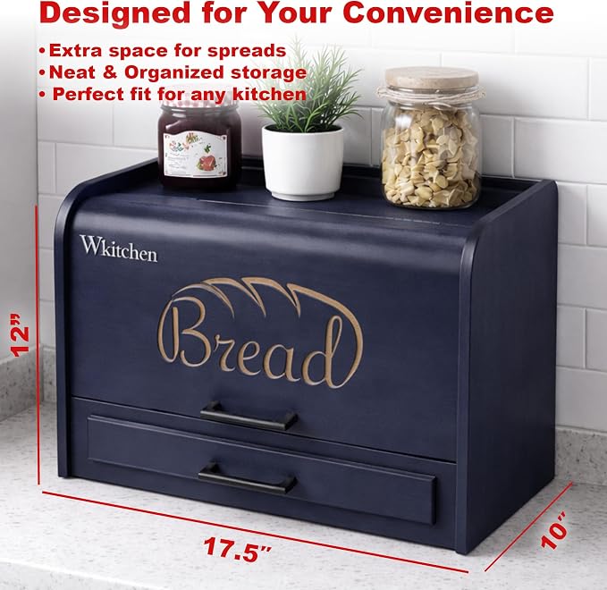 KNIFEPLANET Premium FULLY ASSEMBLED Modern Blue Bread Box – Extra Large Real Wood Bread Box for Kitchen Countertop Storage, Thick Durable Construction, Double Layer Design (17.5" x 10" x 12")