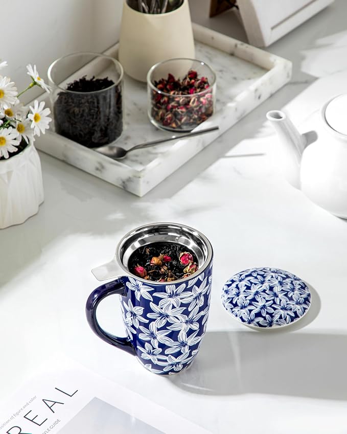 vancasso SELENE Porcelain Tea Mug, 18 oz Porcelain Tea Cup with Infuser and Lid Steeps Loose Leaf Tea, Microwave & Dishwasher Safe, Blossom Cluster