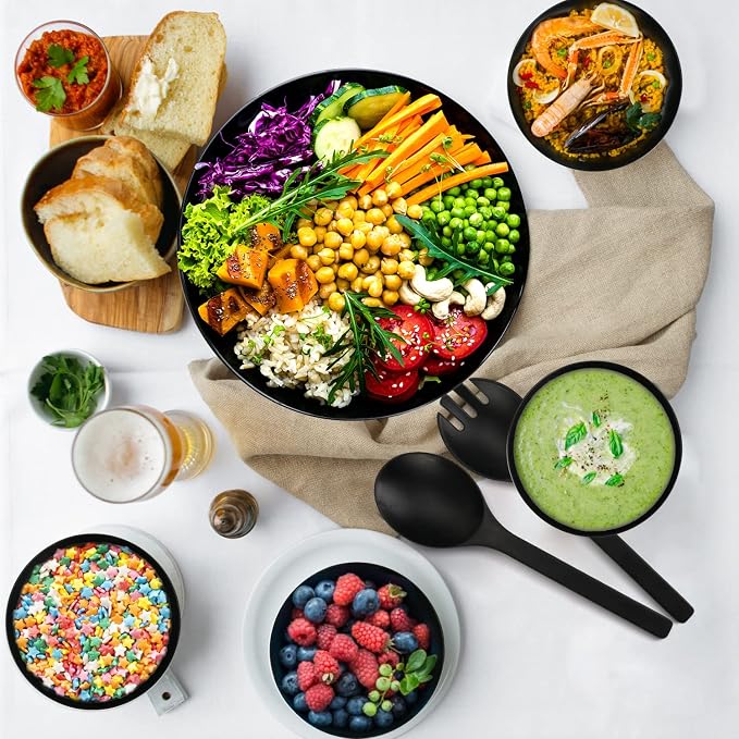 ShineMe Salad Bowls, Large Salad Bowl with Lid and Servers, Bamboo Salad Bowl Set with 4Pack Small Serving Bowls, 9.8inches Solid Kitchen Bowl for Fruits, Vegetables and Pasta...(Black)