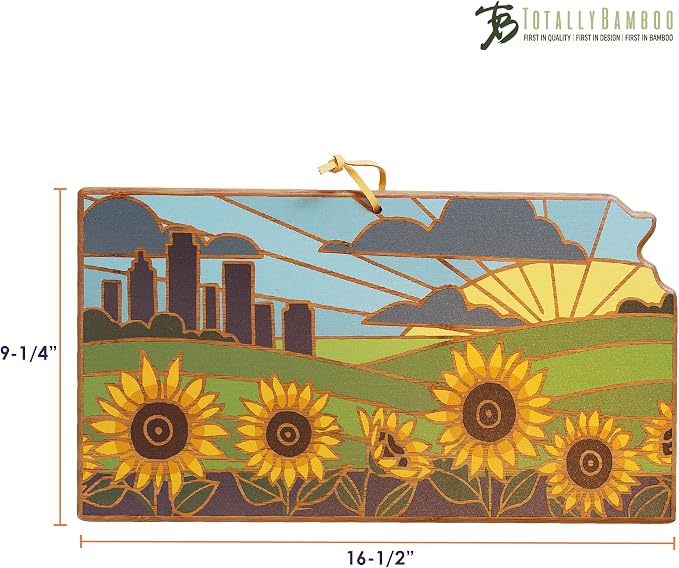 Totally Bamboo Kansas State Shaped Cutting Board, Summer Stokes Art | State charcuterie board with colorful hand-drawn landscape art. Smooth reverse side for food prep. Hang tie for wall display.