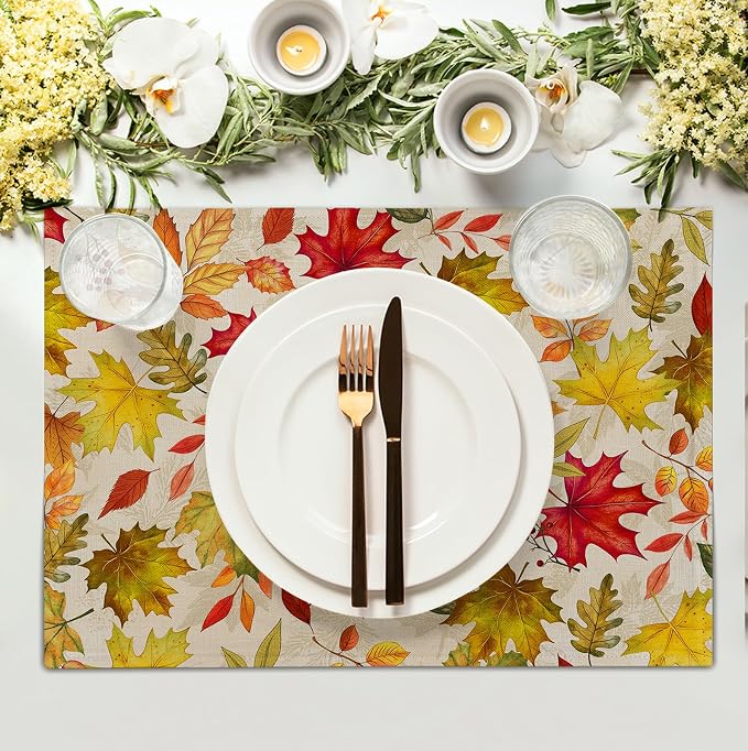 Fall Maple Leaves Placemats Set of 4 12x18 Inch Thanksgiving Autumn Colorful Leaf Dining Table Mats Rustic Seasonal Farmhouse Place Mats for Kitchen Party Home Decoration