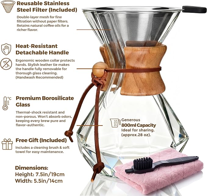 AGOGO Pour Over Coffee Maker Set, 28oz Diamond Style, 304 Stainless Filter | Barista kit for home kitchen, Cafe, Camping & Office; 20oz-40oz Classic, Slim, Diamond styles; Includes brush & towel.