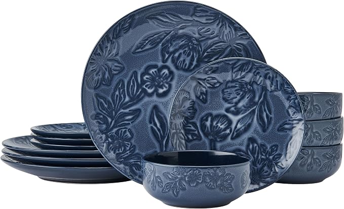 Paltzgraff Garden Elegance 12 Piece Floral Stoneware Dinnerware Plate Bowl Dish Set, Service for 4, Blue