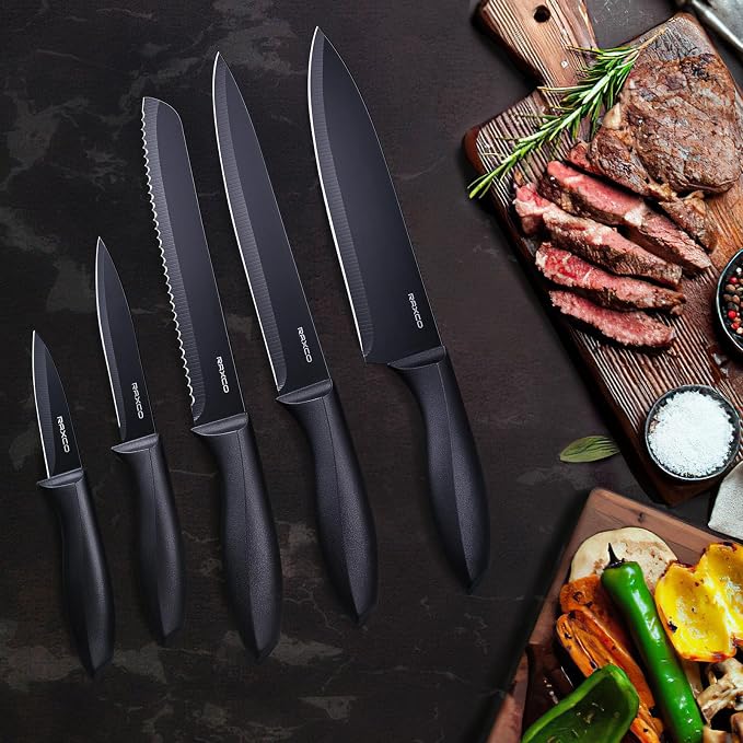 Knife Set,10-Piece Stainless Steel Kitchen Knife Set with Block,Black | Compact Small Countertop Holder,Pro-Sharpened Stainless Steel Chef Knives, Space Saving Knife Set for RV & Apartment