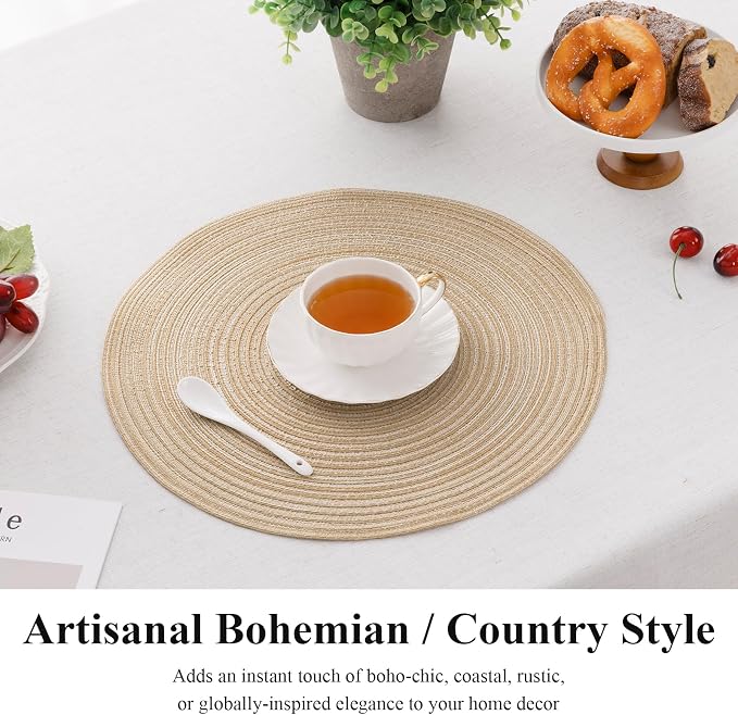 SHACOS 15 inch Beige Round Placemats Set of 12 for Dining Table Woven Braided Circle Place Mats Kitchen Placemat Washable Table Mats