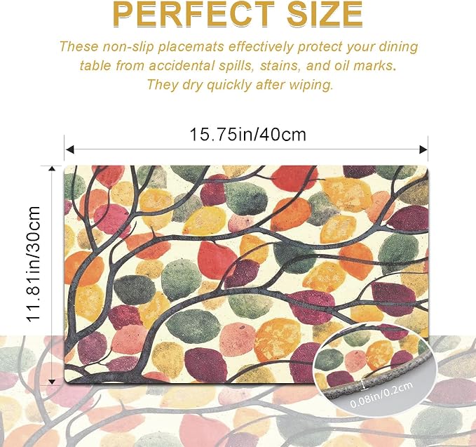 Rainbow Tree Placemats Set of 4 - Faux Leather Resistant Placemats for Dinner Table, Non-Slip Waterproof Oil-Proof Washable Reusable Placemat for Indoor Outdoor Kitchen Decor, 15.75In*11.81In