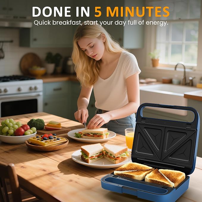 3 in 1 Electric Sandwich Maker with Removable Nonstick Plates - 850W,Blue | for Belgian Waffle/Panini/Grill/Pancake Griddle/Breakfast,Dishwasher Safe,Cool Touch Handle,Easy to Clean & Store