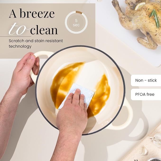 Cast Iron Dutch Oven with Lid-Non-Stick Ovenproof Enamelled Casserole Pot - Sturdy Dutch Oven Cookware-Cream, 7.3- Quart, 30cm- by Nuovva