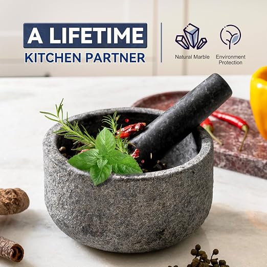 Granite Mortar and Pestle Set, 6.3"-2 Cups Unpolishesd Stone Grinder Bowl for Guacamole, Salsa, Pill Crusher, Spice, Herb, Garlic, Nut, Heavy Duty Grinder for Kitchen(Angola Silver Black)