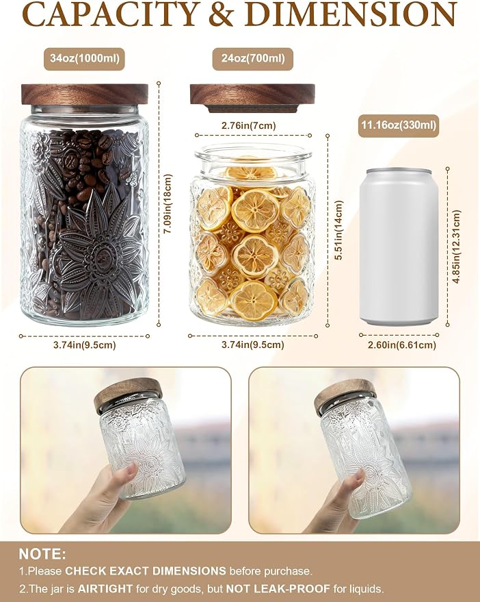 Vintage Glass Jar with Wood Lid - Christmas Airtight Canisters for Kitchen Countertop Bathroom, Storage Candy, Cookie, Coffee, Apothecary, Sugar, Flour,Pet Treat (Begonia, 24oz/700ml)