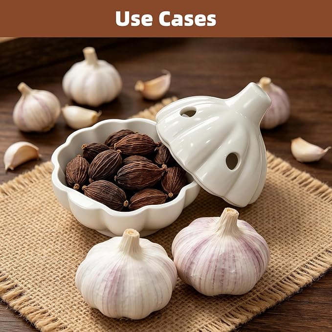 Ceramic Garlic Keeper with Vent Lid, White with Press and Peeler Clip | 4.92 by 5.04 inch holder with vent holes, novelty shape, keeps garlic fresh, fits kitchen countertop