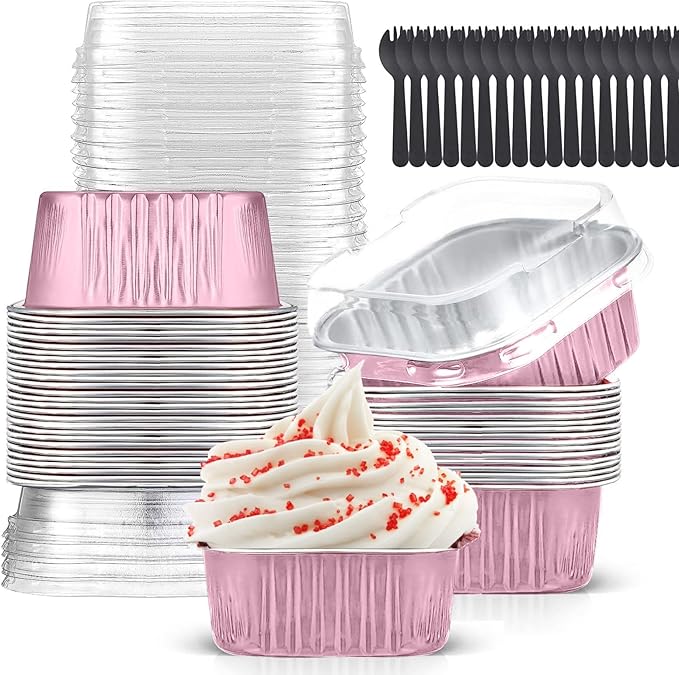 10oz Mini Cake Pans with Lids (40 Pack) Aluminum Foil Square Cupcake Liners Brownie Baking Cups,Disposable 4”x4” Large Cupcake Pan,Jumbo Muffin Tin Ramekins Holders