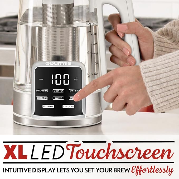 Gourmia Electric Glass Kettle – 1.7L Programmable Tea & Coffee Brewer with Digital Touch Display, 6 Presets, Removable Stainless Steel Infuser, Cordless with 360° Swivel Base, White