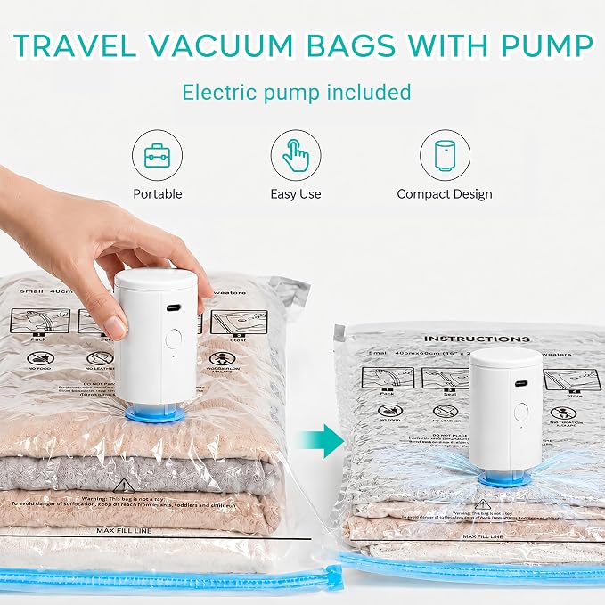Travel Vacuum Bags with Pump, 80% Space Saver Vacuum Seal Bags for Clothing Travel, 12 Pack Vacuum Sealer Bag with Rechargeable Cordless Pump Set for Luggage, Clothes & Traveling (4L/4M/4S)