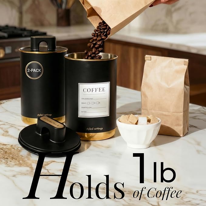 STYLED SETTINGS Coffee Bar Canisters Set of 2, 2-Piece, Black and Gold | Stainless Steel, BPA Free, Food Grade, Airtight, Vacuum Effect, Dual Lid